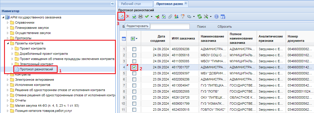 Рисунок 1. Список протоколов разногласий