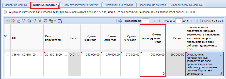 Рисунок 10. Заполненная строка финансирования для многолетних контрактов