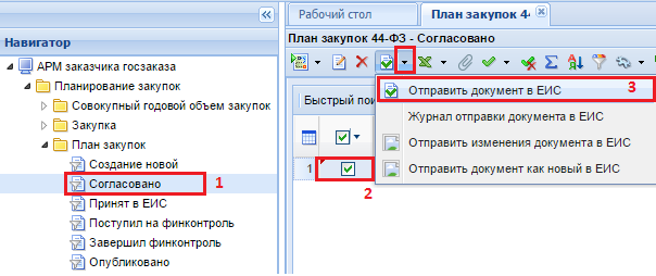 Рисунок 1. Отправка Плана закупок в ЕИС