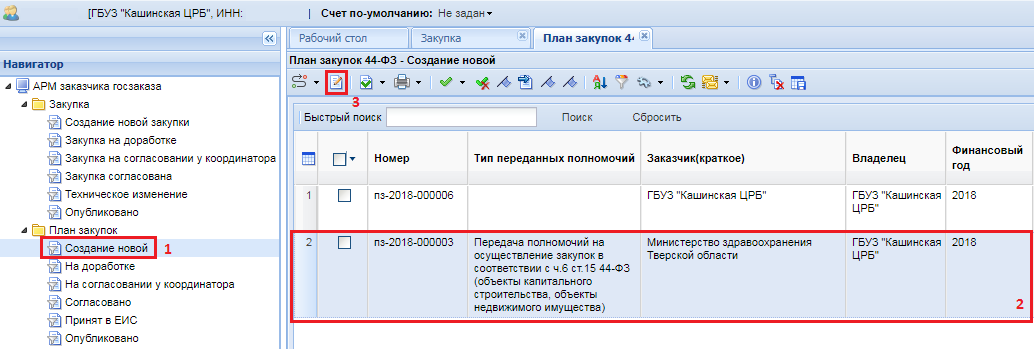 Рисунок 6. План закупок, сформированный по переданным полномочиям