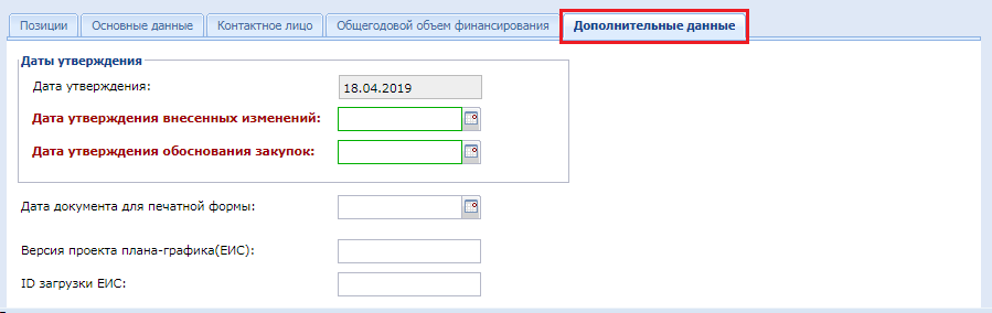 Вкладка «Дополнительные данные»