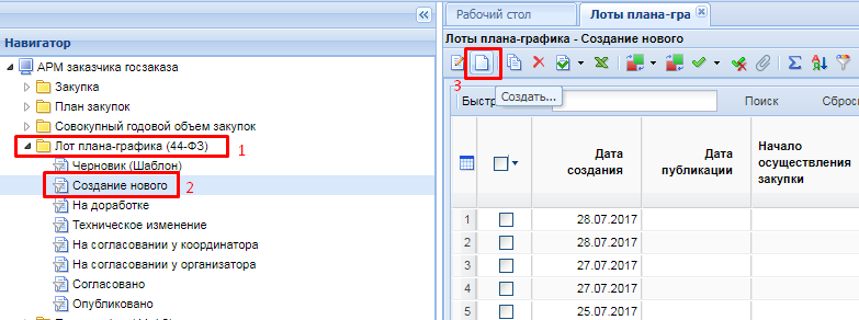 Создание документа "Лот плана-графика"
