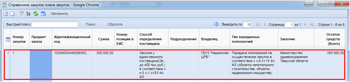 Справочник закупок плана закупок