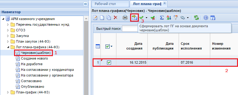 Формирование лота плана-графика на основе документа черновик(шаблон)