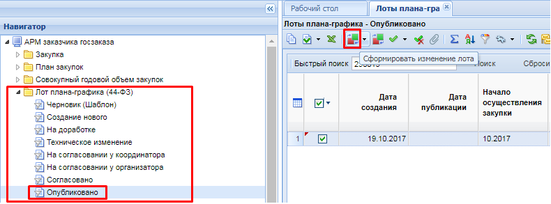 Формирование изменение лота плана-графика
